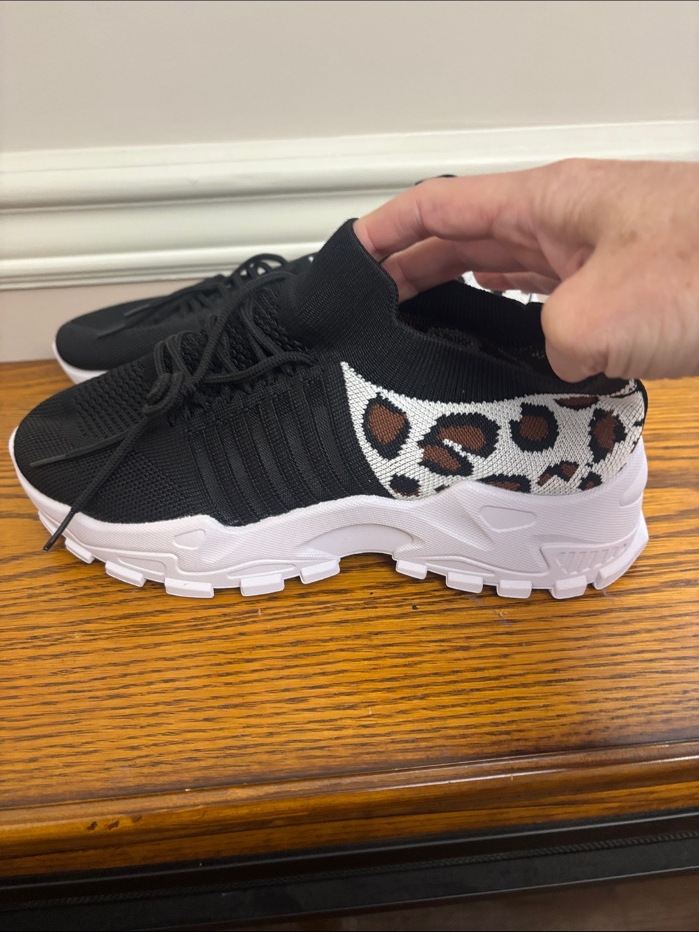 SHEIN Black Knit Slip-On Sneakers with Leopard Heel Accent